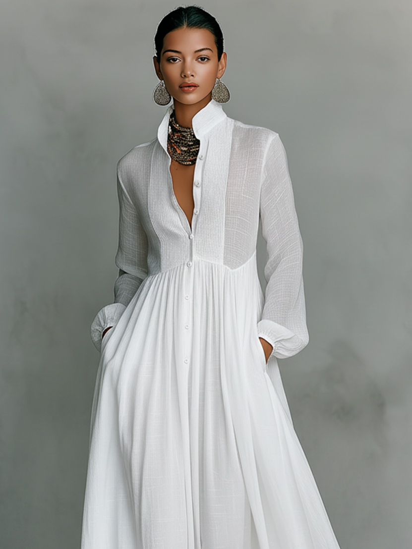 Minimalist stand-collar patchwork maxi dress for women | Aveline -2