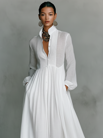 Minimalist stand-collar patchwork maxi dress for women | Aveline -2