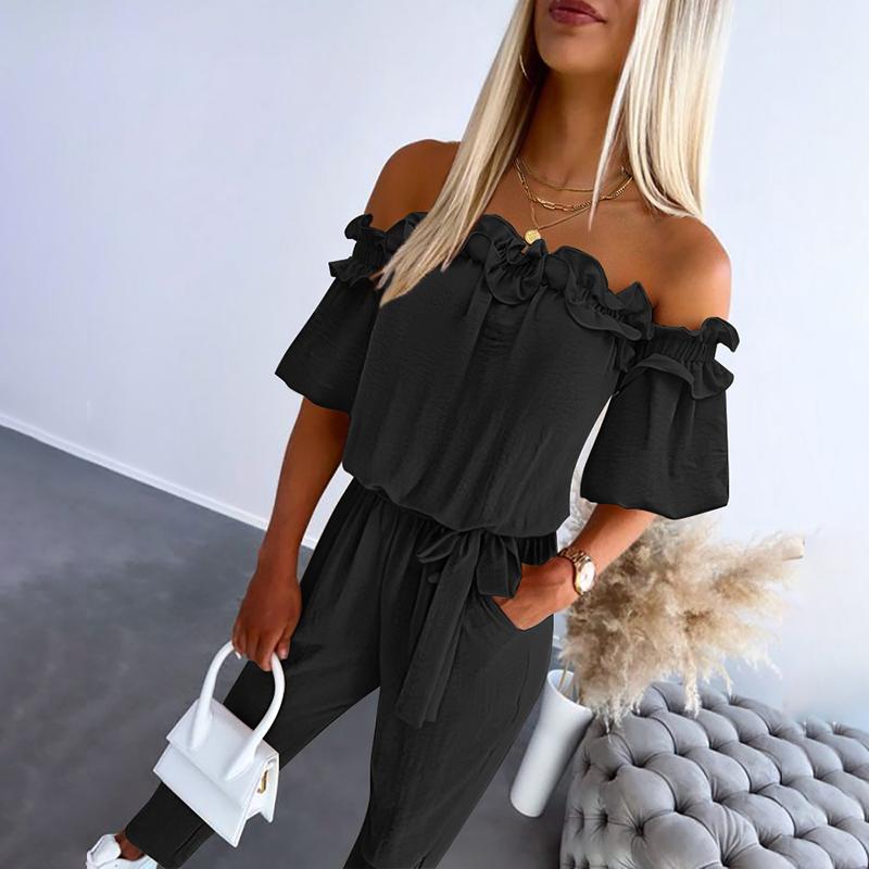 Chic off-shoulder frill tie-waist jumpsuit for women | Camila -2