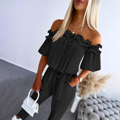 Chic off-shoulder frill tie-waist jumpsuit for women | Camila -2