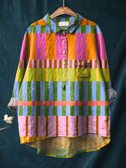 Geometric button-up blouse with collared neckline for women | Amber