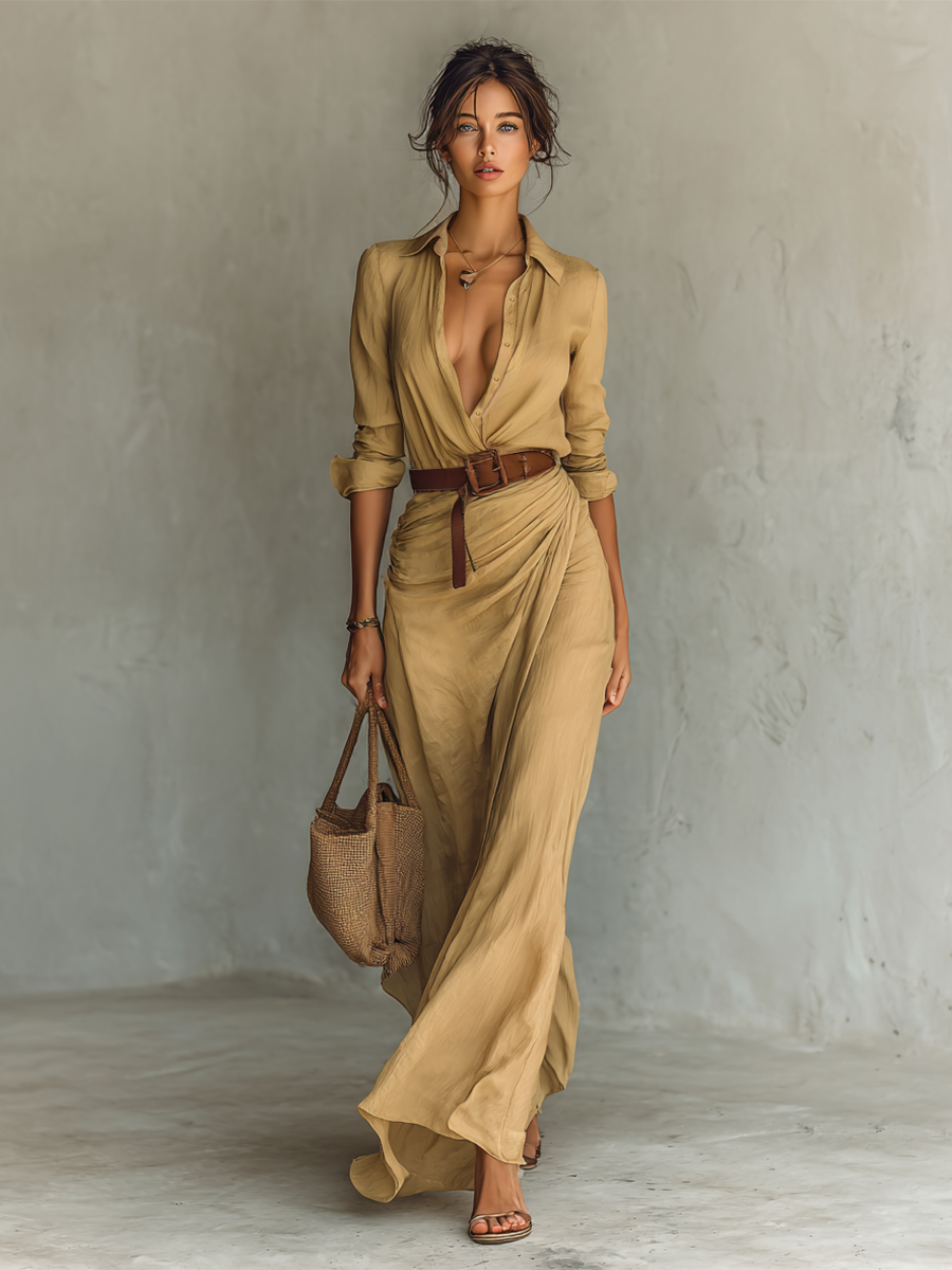 Belted maxi dress for women -5