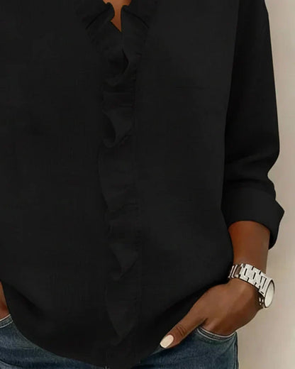 Blouse with ruffled V-neck and long sleeves for women | Indie