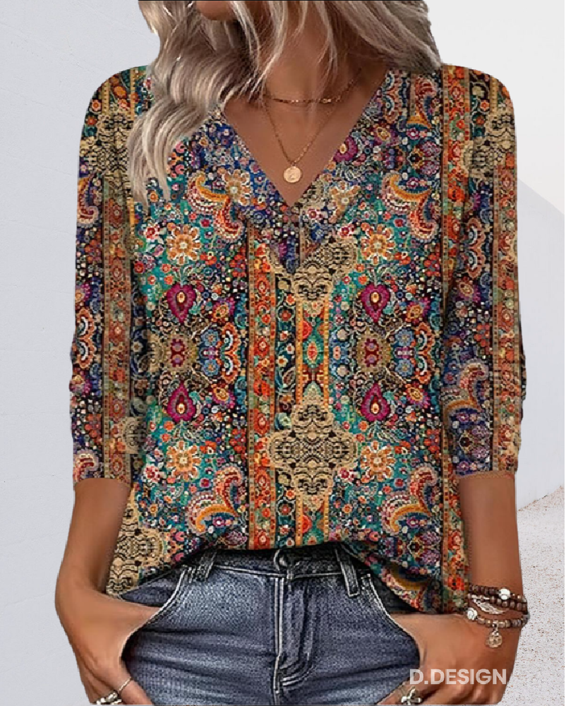 Retro printed V-neck blouse for women | Coraline