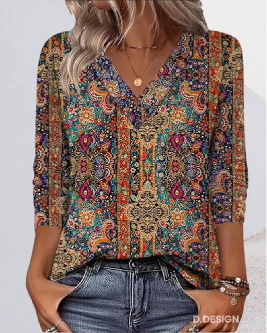 Retro printed V-neck blouse for women | Coraline