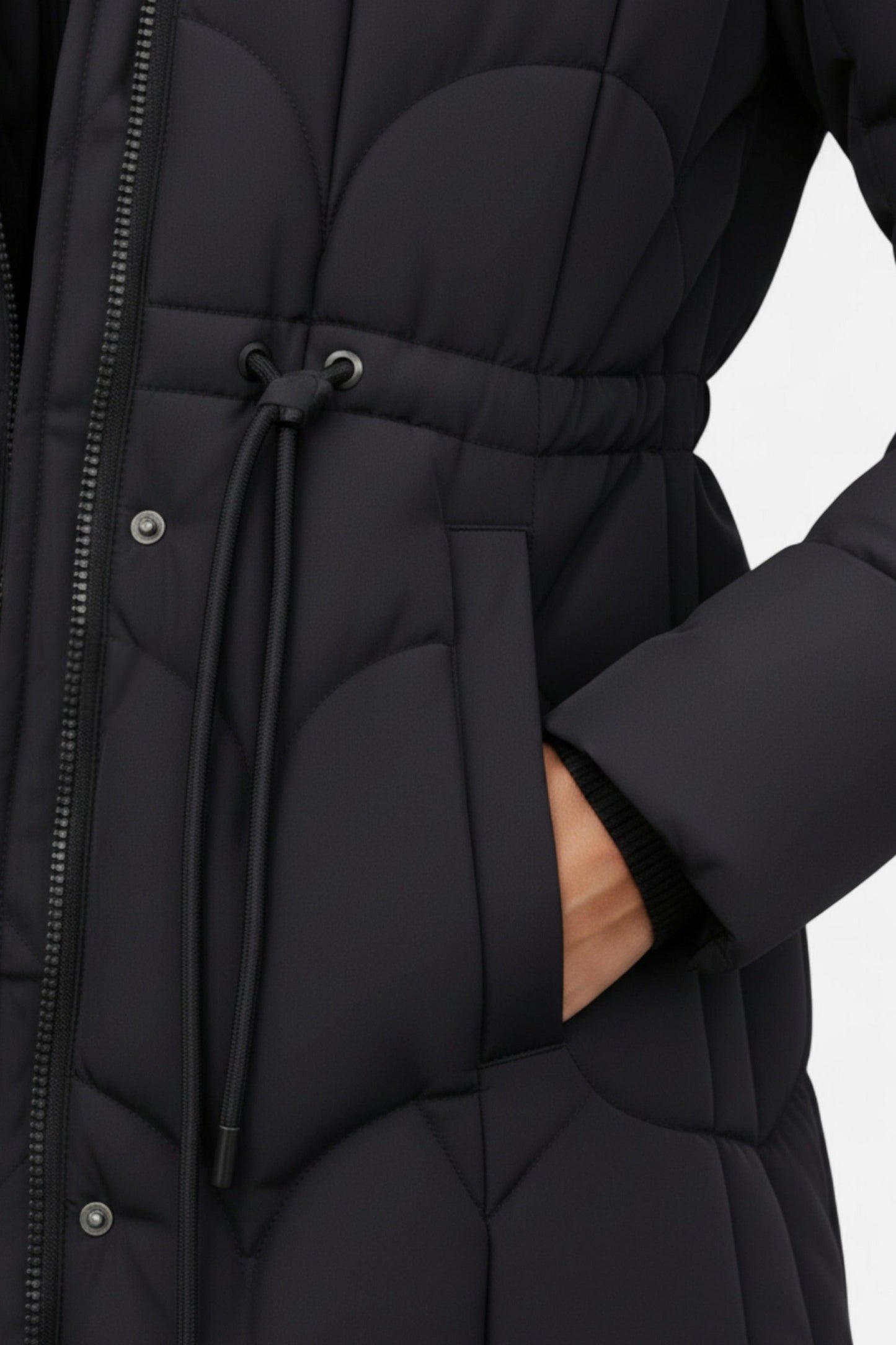 Long puffer coat with hood and adjustable waist for women | Caurelle