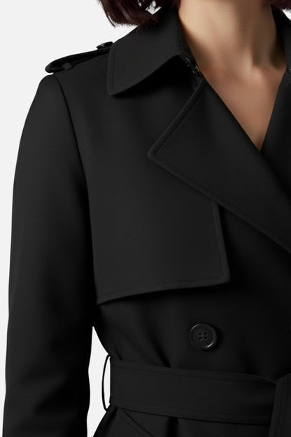Belted long trench coat with double-button front for women | Caurelle