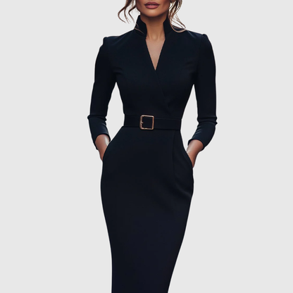 Elegant long-sleeve tailored midi dress for women | Claribel -2