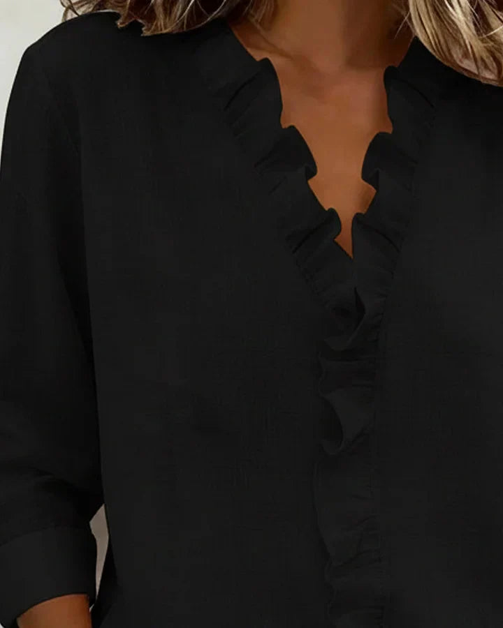 Blouse with ruffled V-neck and long sleeves for women | Indie