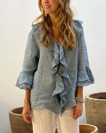 Ruffled cotton linen blouse for women -1