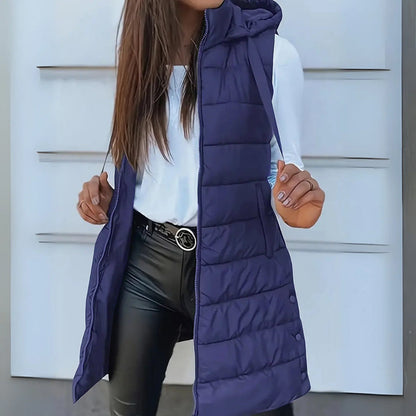 Casual sleeveless hooded long puffer vest for women | Rain -8
