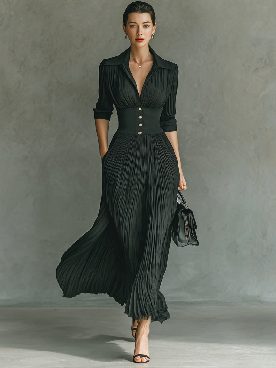 Pleated lapel waist maxi dress for women | Elowen -5