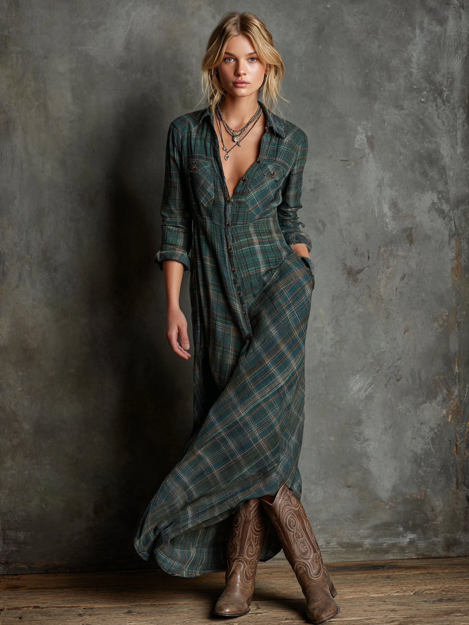 Plaid shirt maxi dress for women | Liora -2