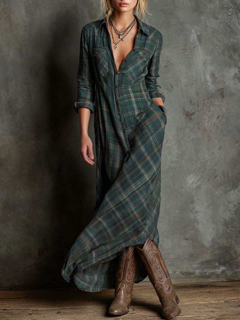 Plaid shirt maxi dress for women | Liora -1