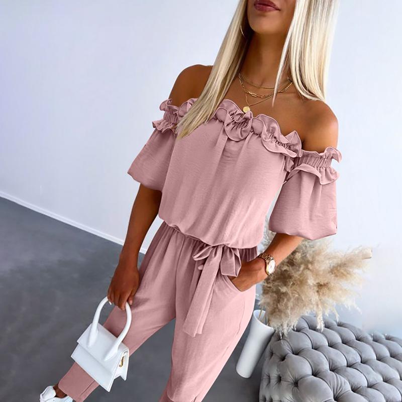 Chic off-shoulder frill tie-waist jumpsuit for women | Camila -4