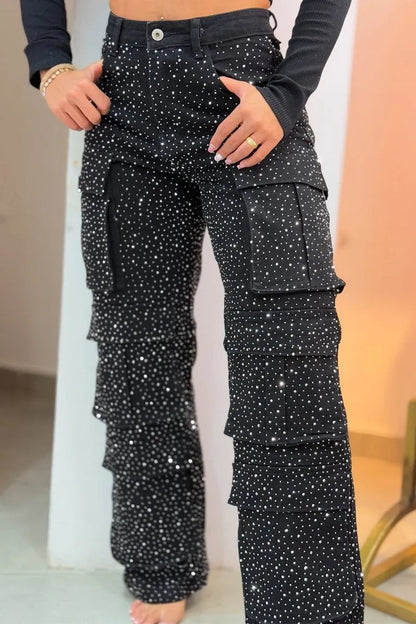 Rhinestone cargo jeans for women | Lucy -2