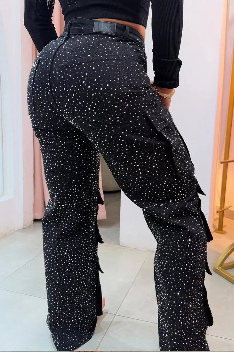 Rhinestone cargo jeans for women | Lucy -4
