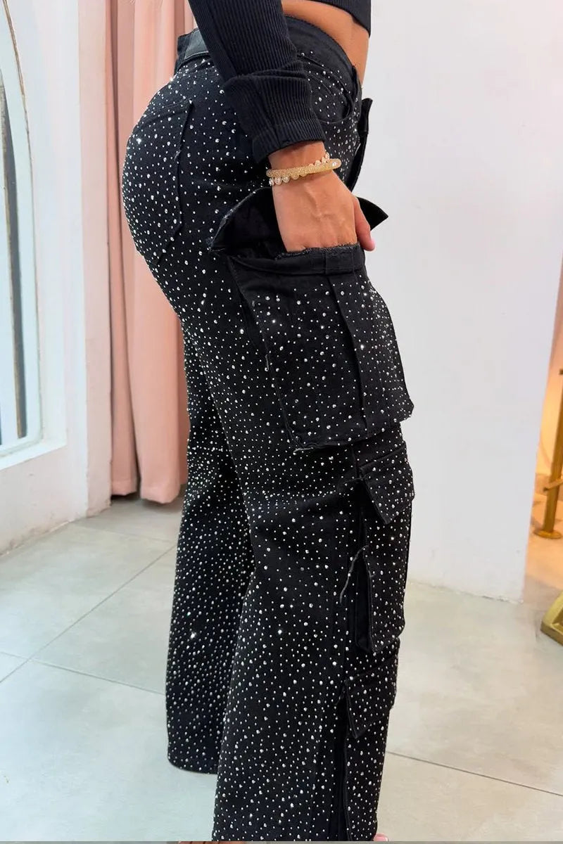 Rhinestone cargo jeans for women | Lucy -5