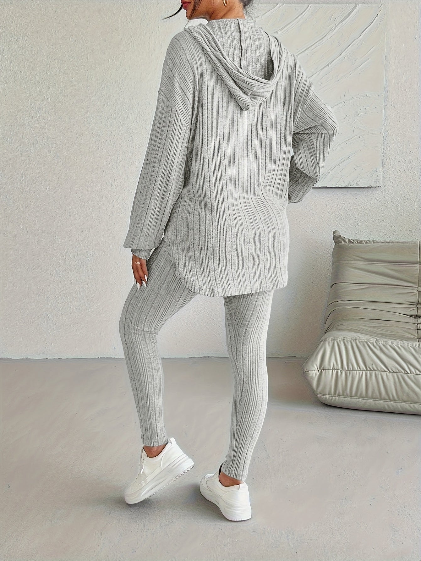 Ribbed knit lounge set oversized hoodie for women | Lyra -13