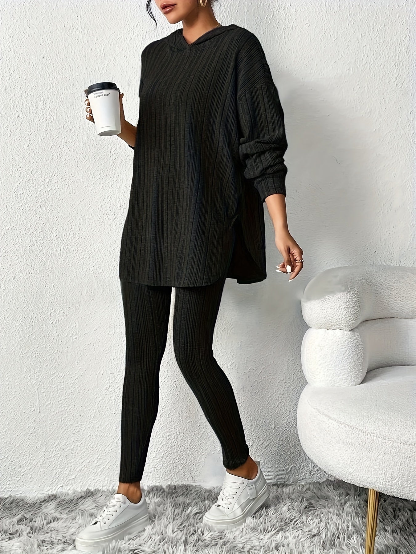 Ribbed knit lounge set oversized hoodie for women | Lyra -10