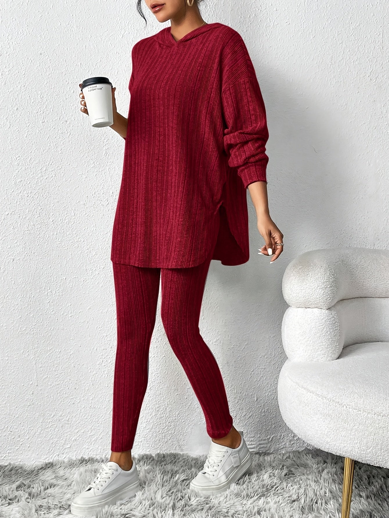 Ribbed knit lounge set oversized hoodie for women | Lyra -8