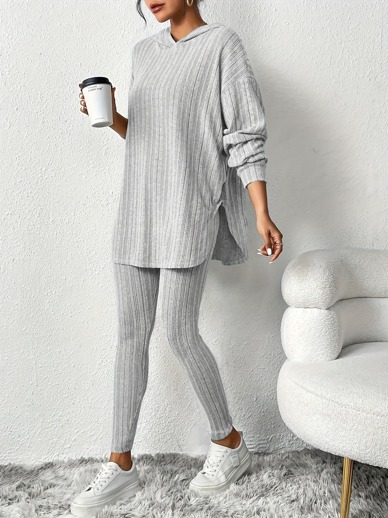 Ribbed knit lounge set oversized hoodie for women | Lyra -12