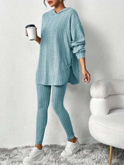 Ribbed knit lounge set oversized hoodie for women | Lyra -1