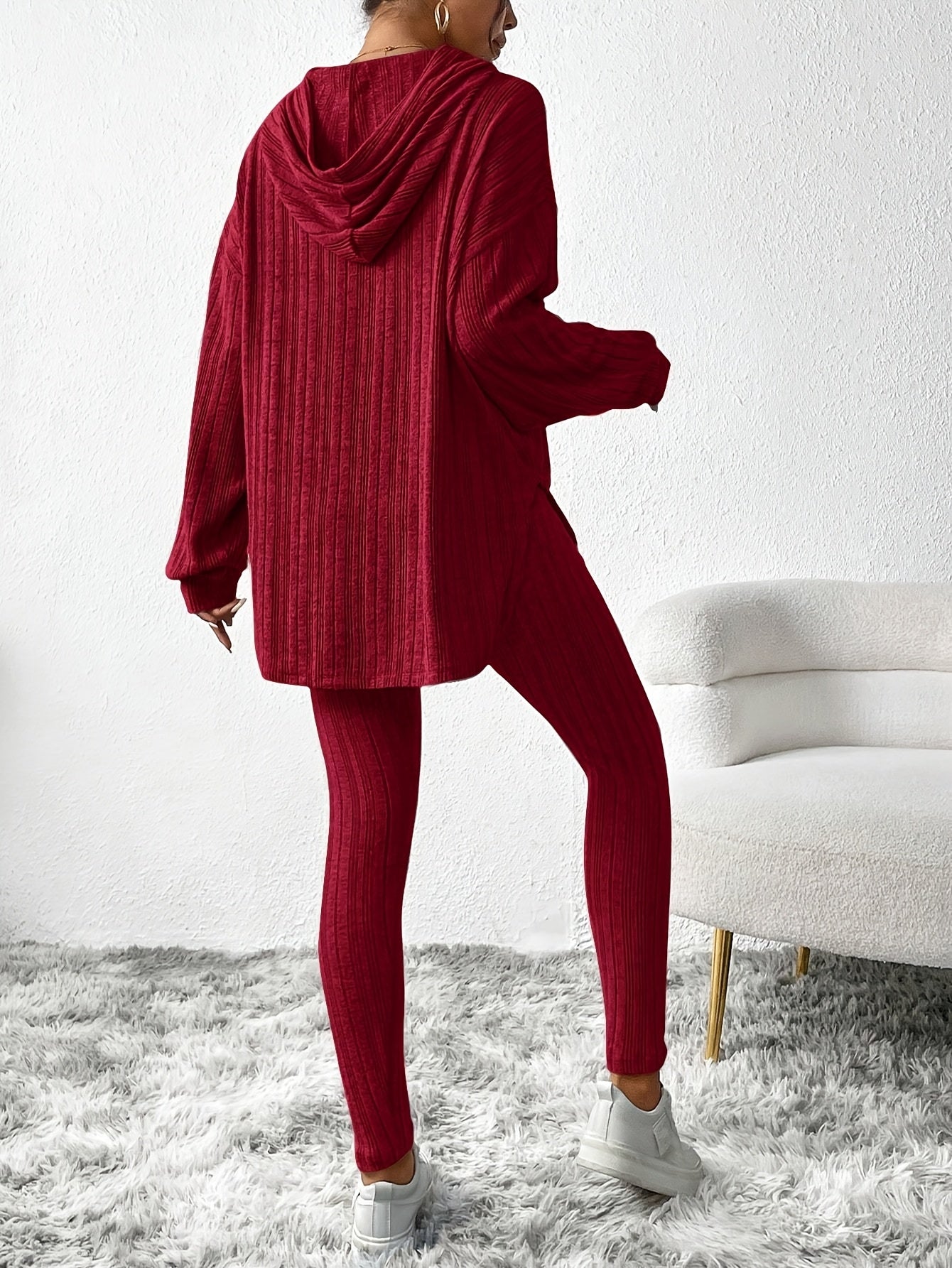 Ribbed knit lounge set oversized hoodie for women | Lyra -9