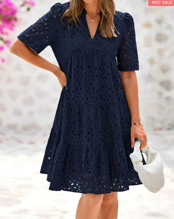 Chic hollow-out lace ruffle mini dress for women | Cosima -8