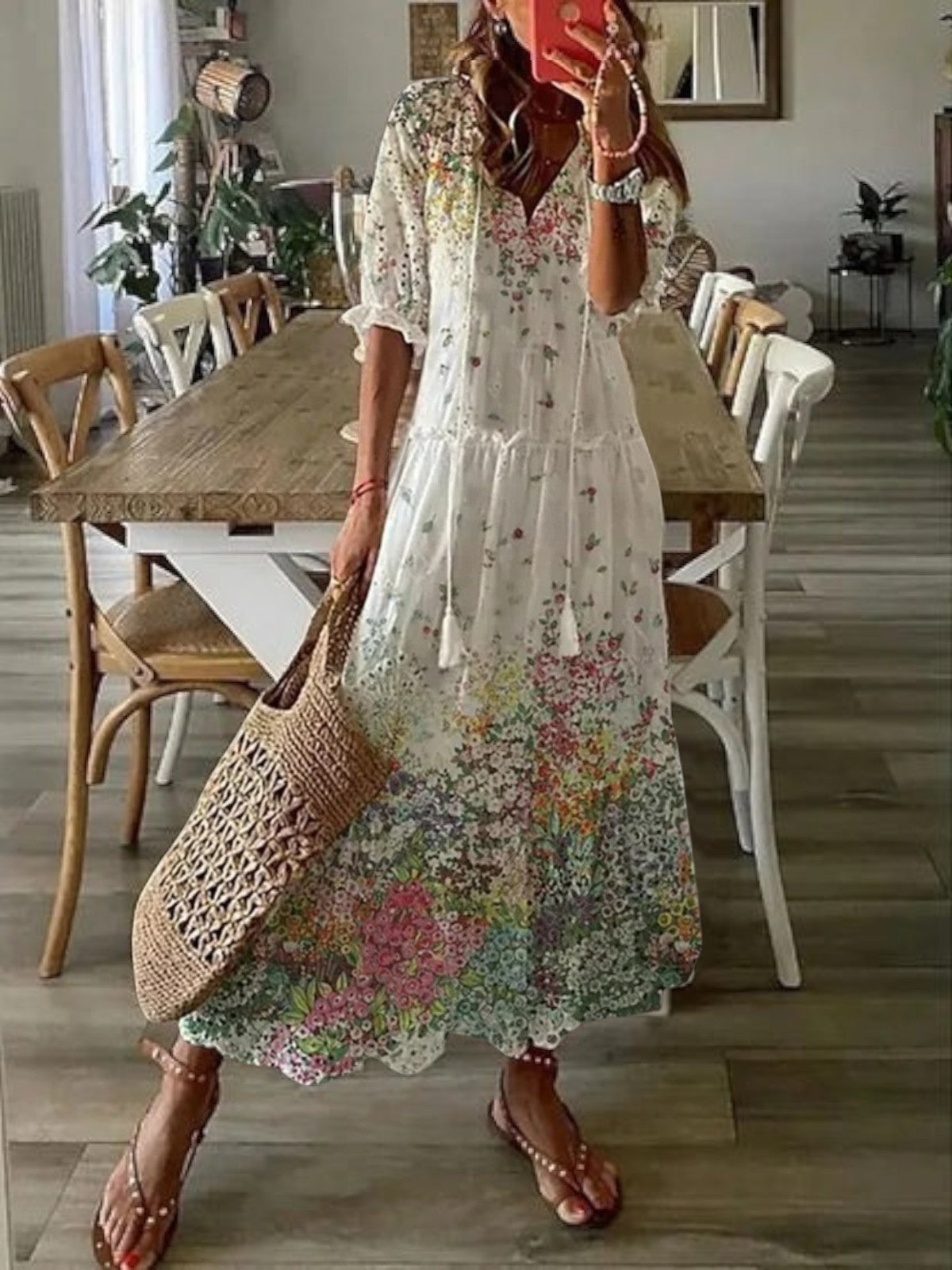 Boho vintage V-neck summer dress for women | Sophia