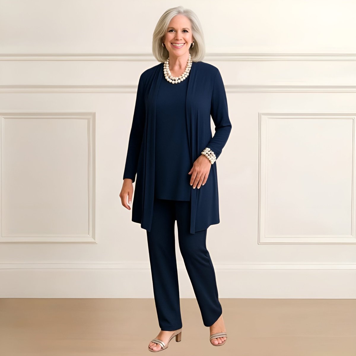 Three-piece cardigan, top and pants set for women | Rosy