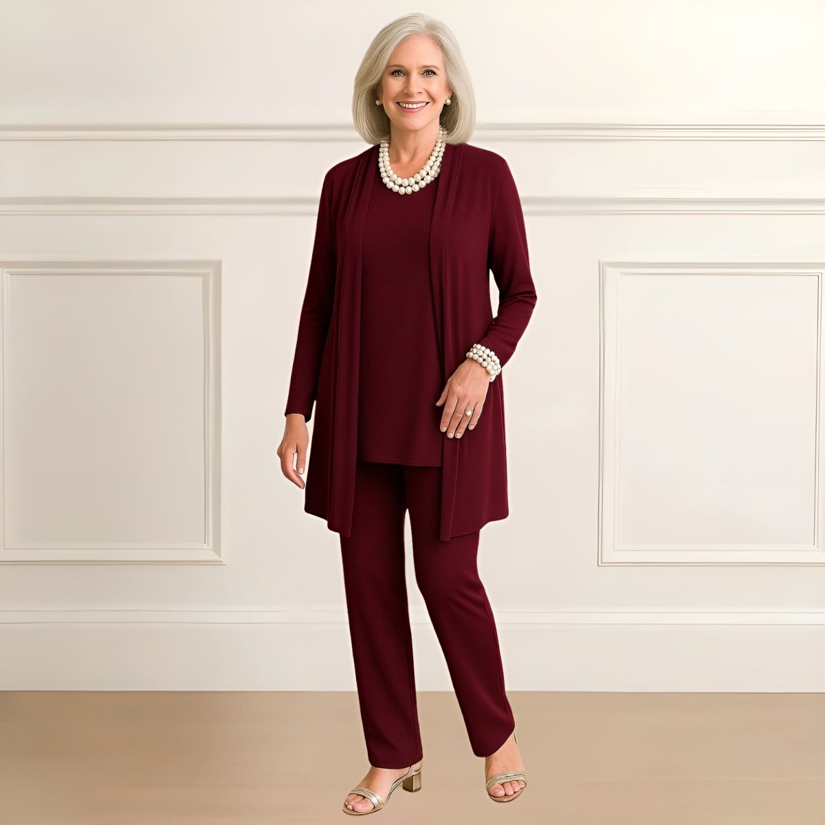 Three-piece cardigan, top and pants set for women | Rosy