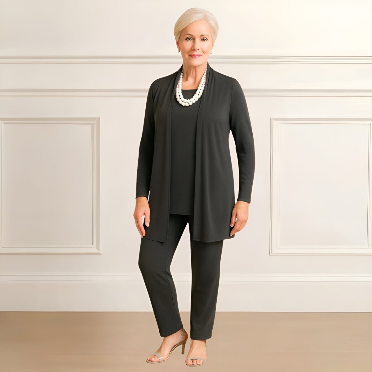 Three-piece cardigan, top and pants set for women | Rosy