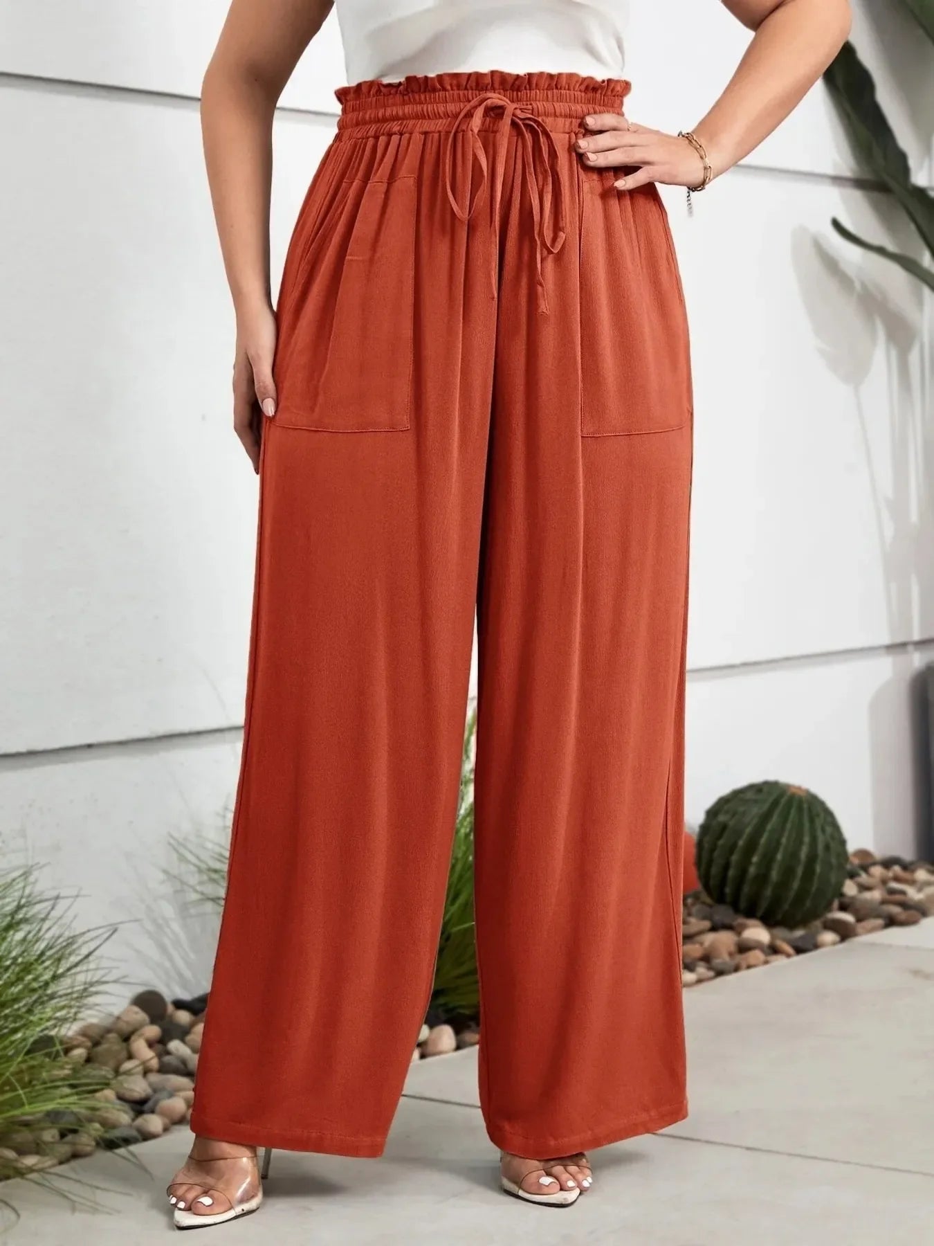 Plus high waist wide leg trousers for women -2