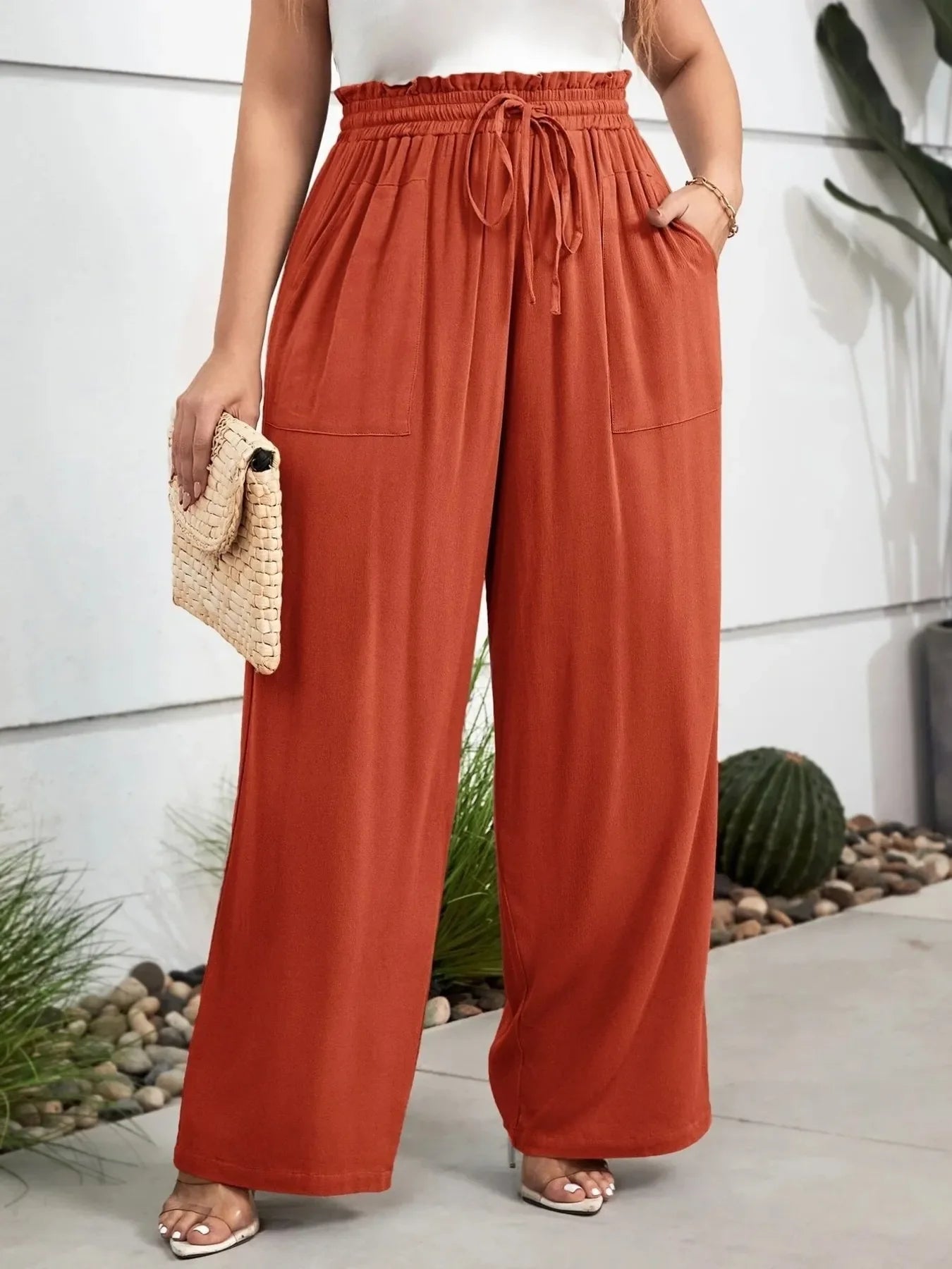 Plus high waist wide leg trousers for women -3