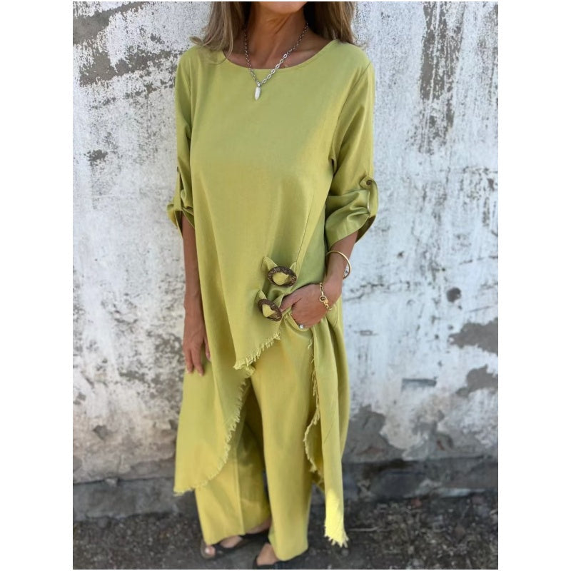 Stylish cotton-linen two-piece dress trousers for women | Elara -2