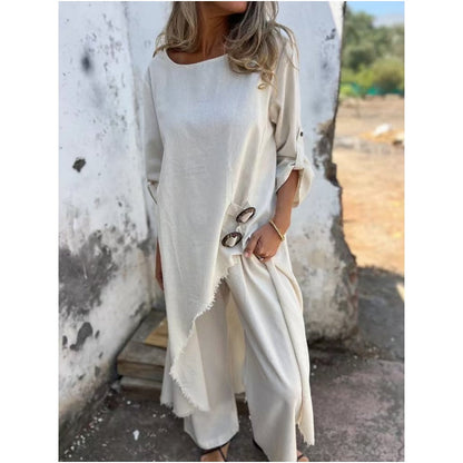 Stylish cotton-linen two-piece dress trousers for women | Elara -5