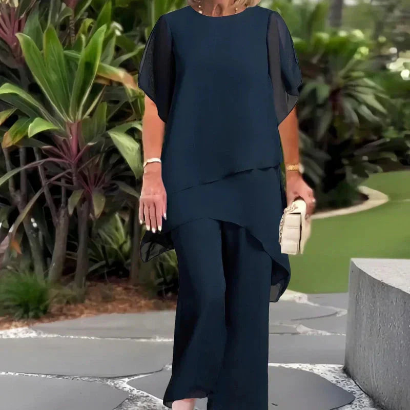 Chic irregular top and trousers set for women | Herlene -1