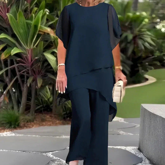 Chic irregular top and trousers set for women | Herlene -1