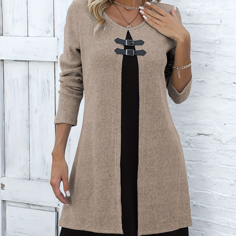 Elegant A-line knee-length two-piece effect dress for women -4
