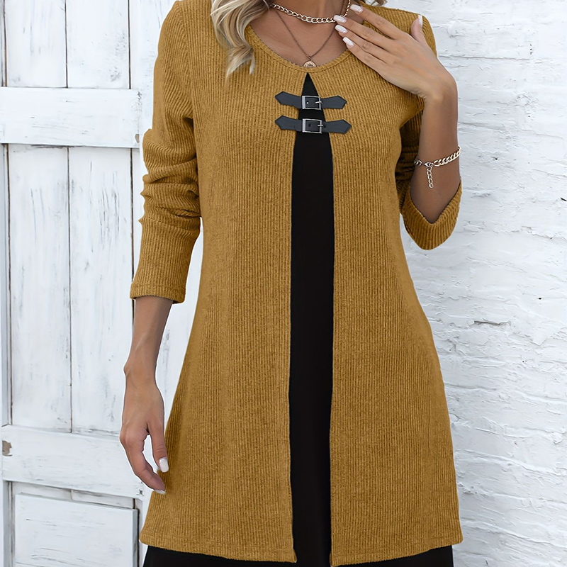 Elegant A-line knee-length two-piece effect dress for women -5