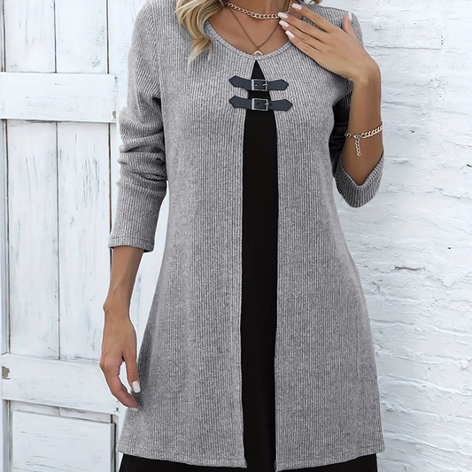 Elegant A-line knee-length two-piece effect dress for women -1