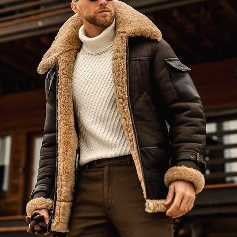 Vintage warm lapel multi-pocket winter coat for men -3