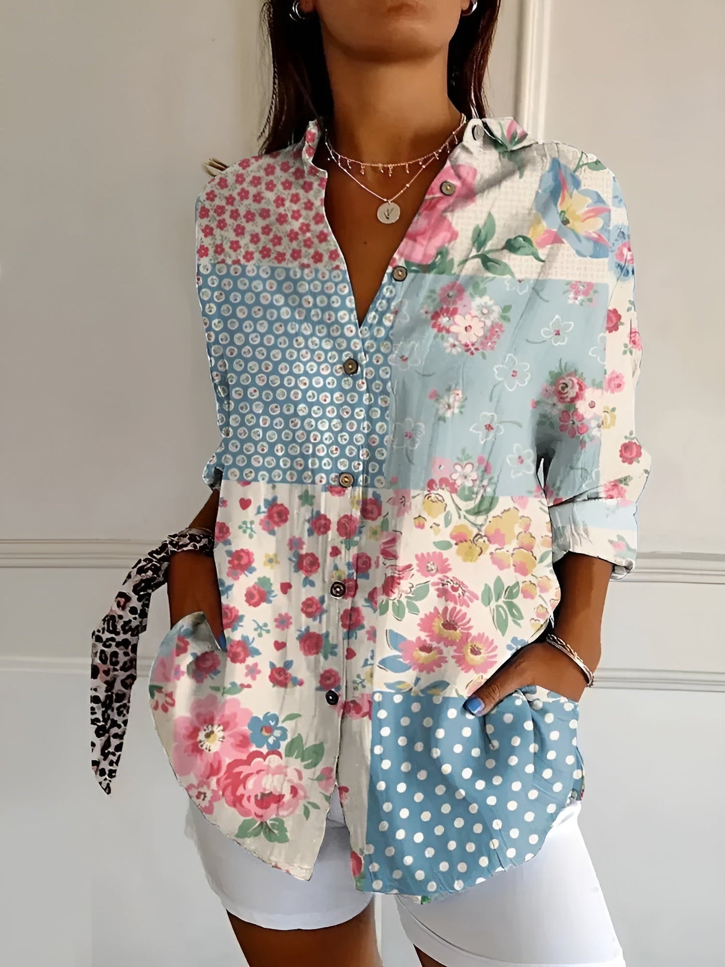 Aurelle Myrtille floral button-up blouse for women