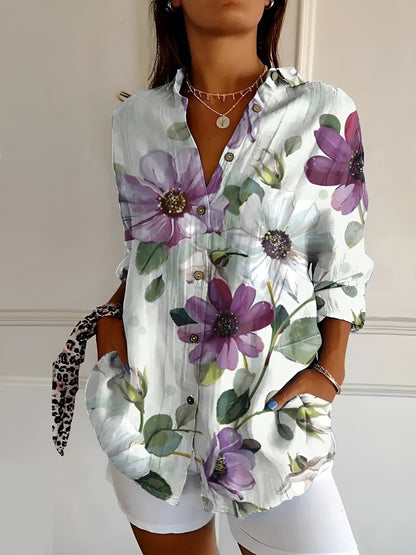 Aurelle Myrtille floral button-up blouse for women
