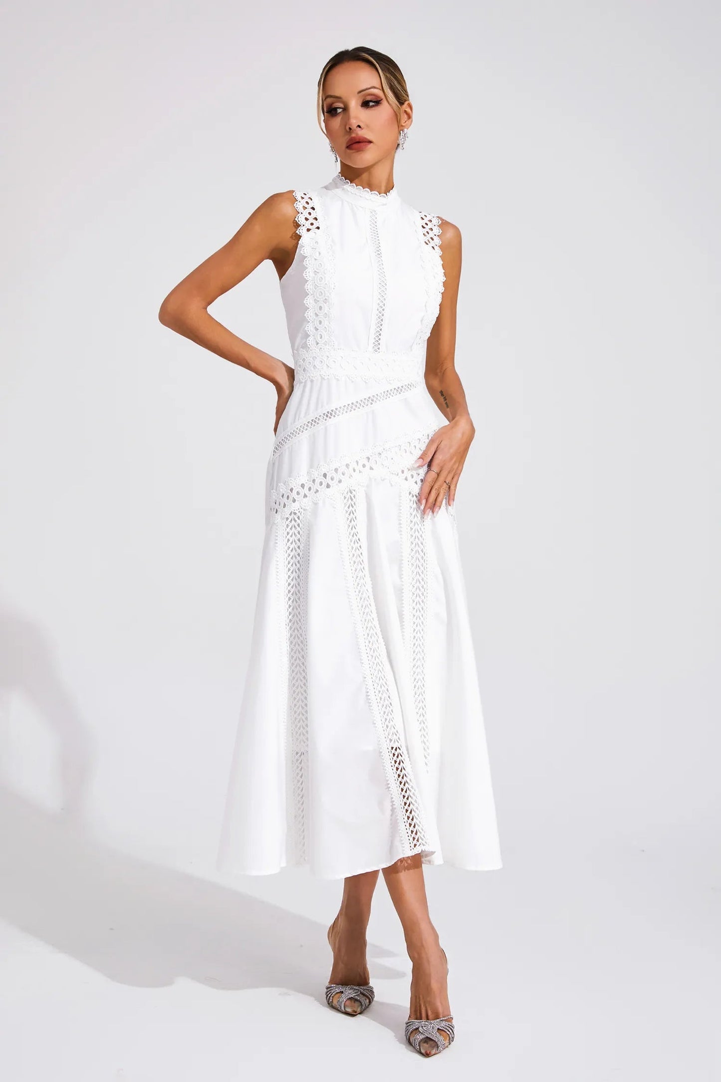 Sleeveless lace midi wedding guest dress for women | Olivia -7